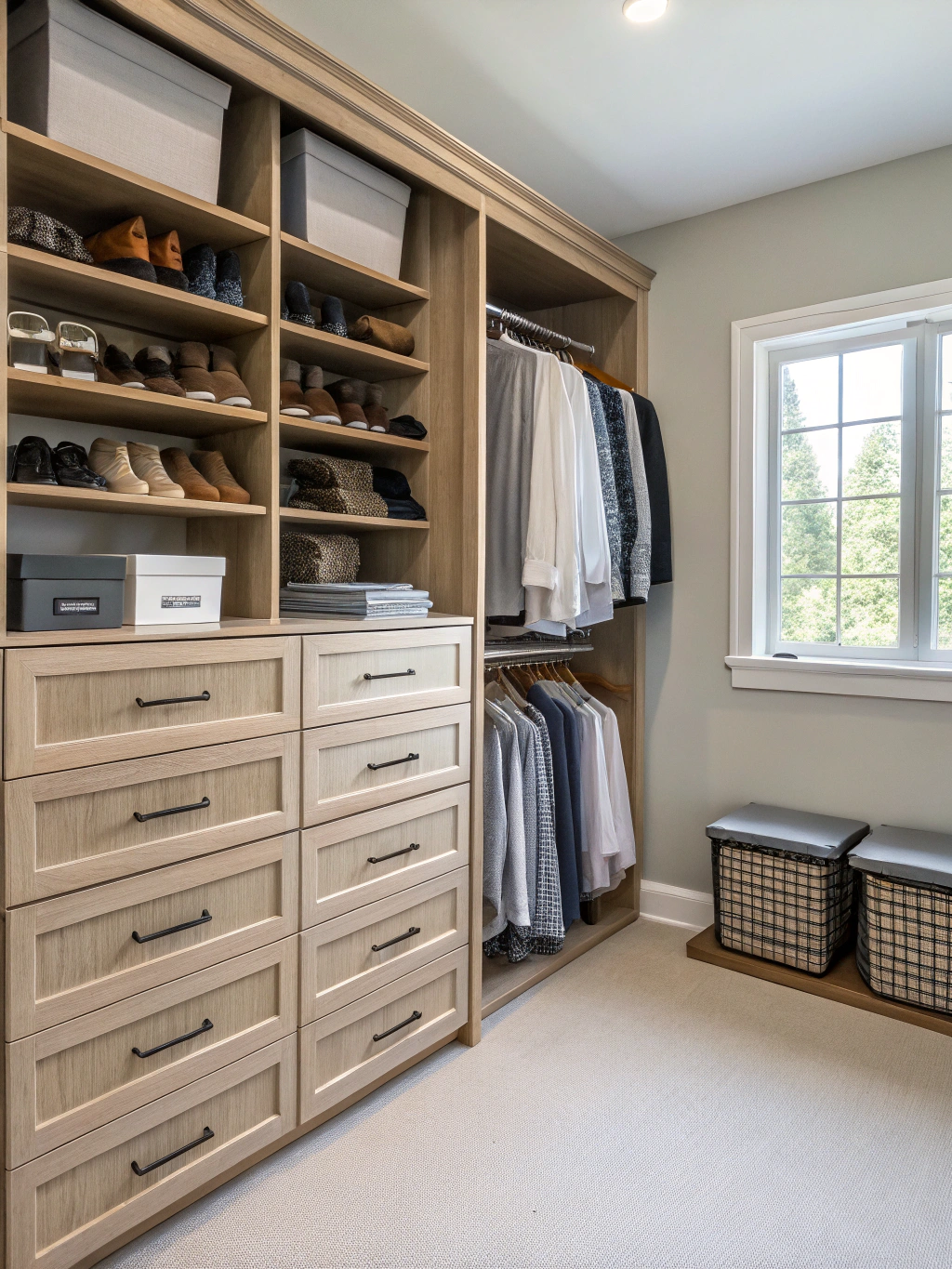 Pristine walk-in primary closet with tailored shelving and hanging garments