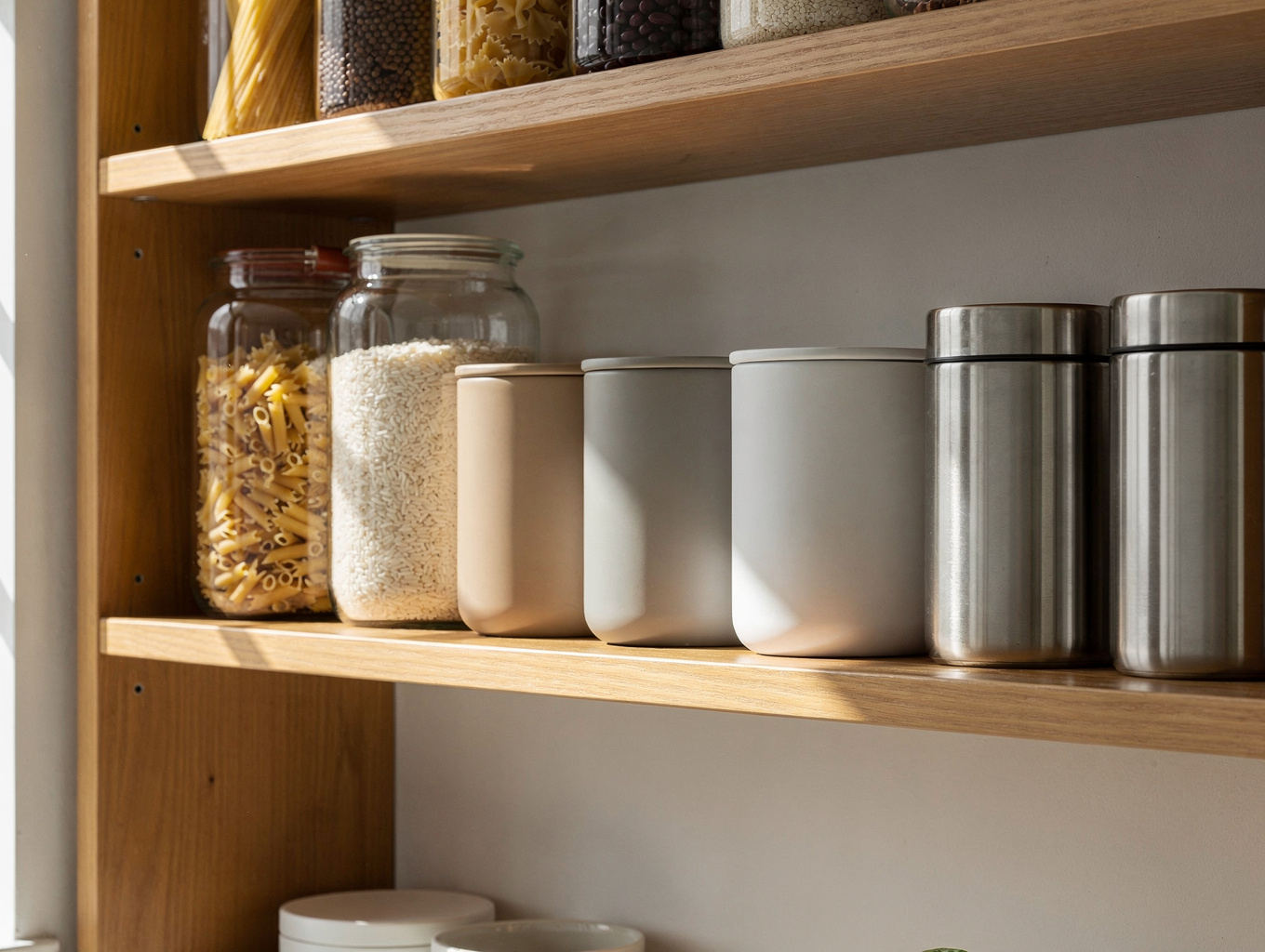 Walk-in kitchen pantry with labeled glass jars and neat natural baskets
