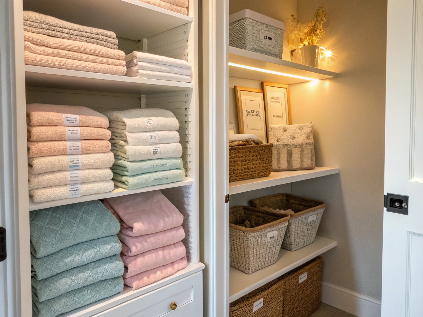Linen closet organized with neatly rolled and folded towels and woven storage bins