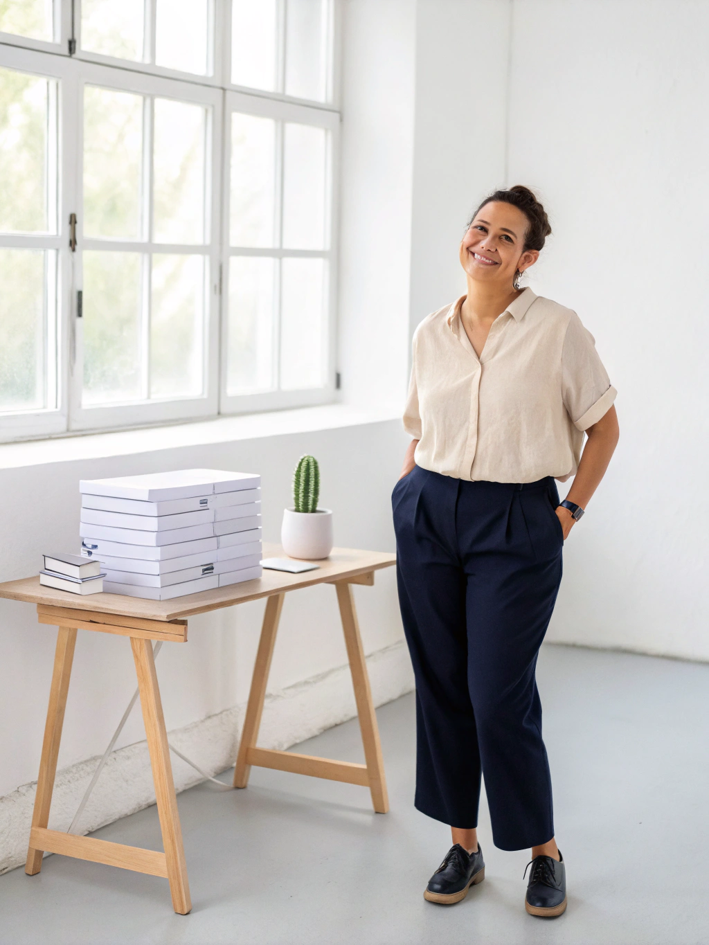 Samanda, residential organizer and founder of IRL Organizing, in a clean naturally lit kitchen setting