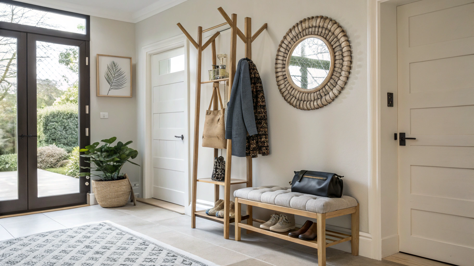 Bright residential entryway with organized hooks, baskets, and orderly flow