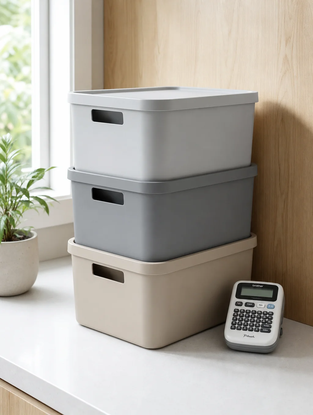 Clear storage containers, woven baskets and drawer organizers arranged on a white surface
