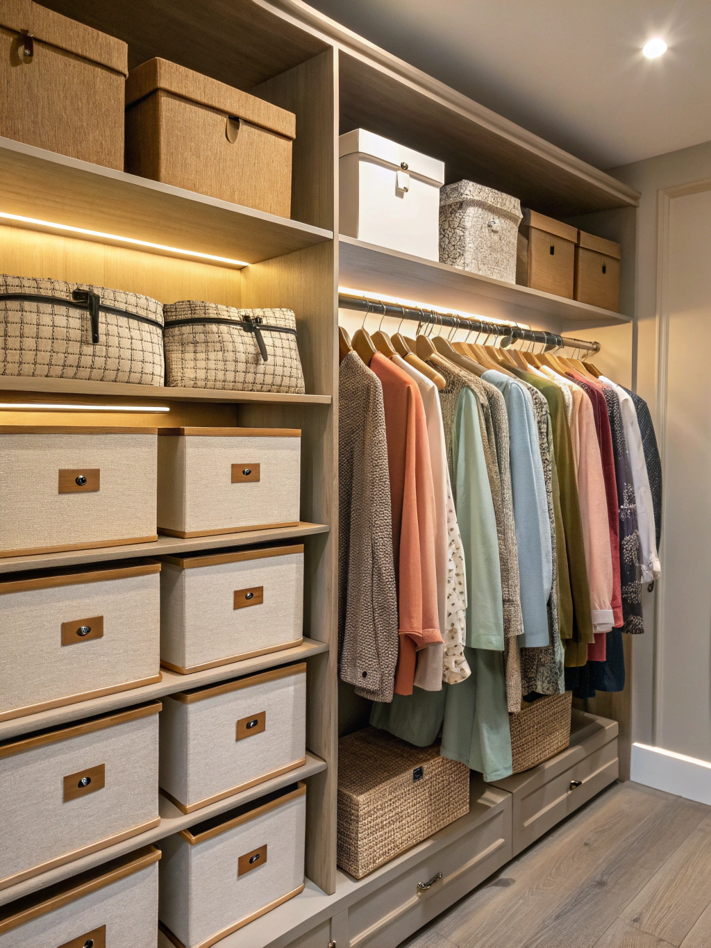 Calm, organized home shelving with neatly arranged clear containers in bright daylight