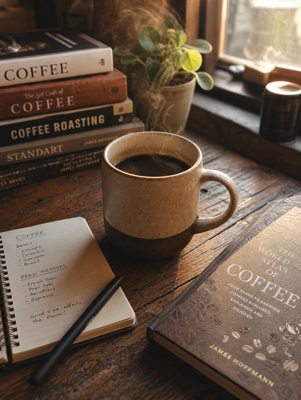 Coffee and an open notebook on a clean white table beside a calm entryway