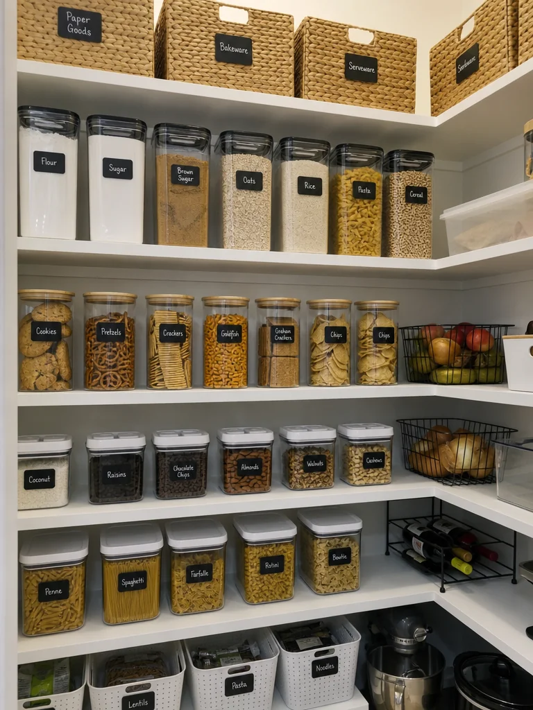 Bright organized pantry with zoned shelves, glass jars, baskets and bins