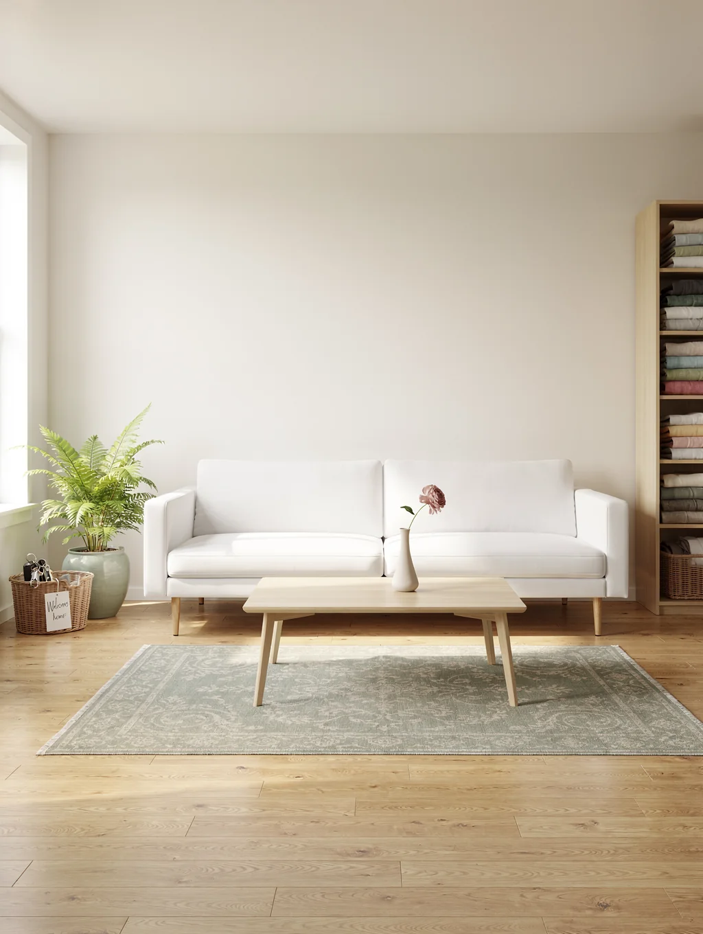 Calm, decluttered living room corner with a few styled items on a white shelf
