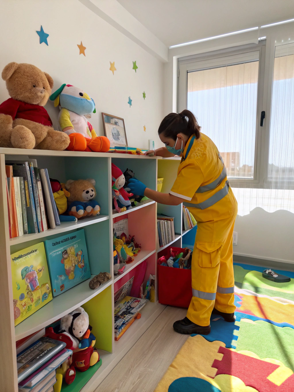 Bright tidy playroom with low shelves and labeled bins for toys