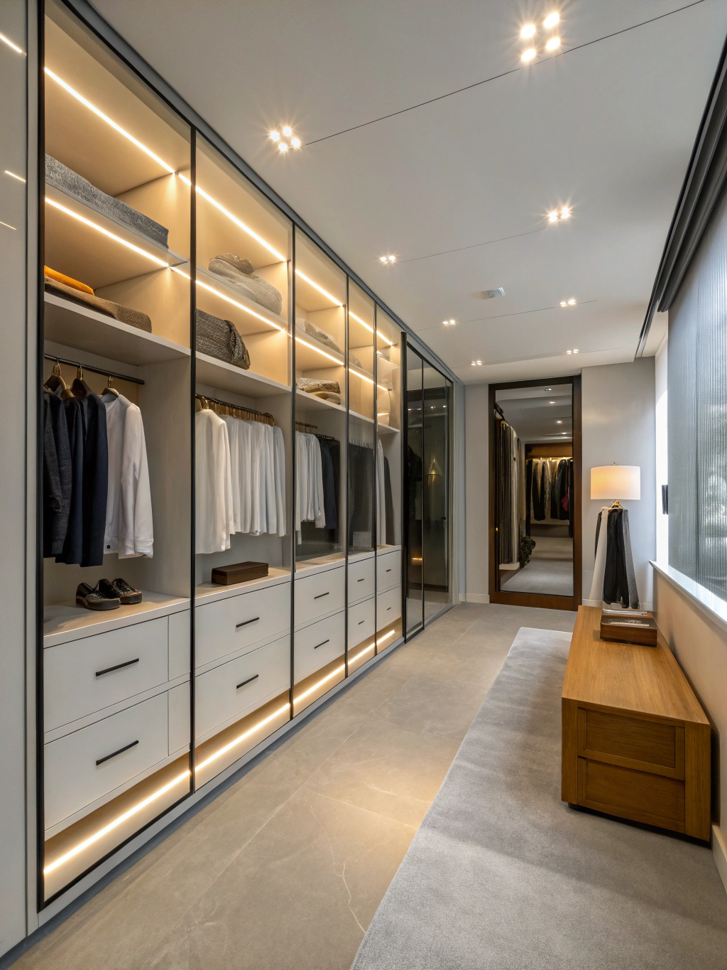Tidy walk-in closet with neatly hung clothing and folded knitwear on white shelving